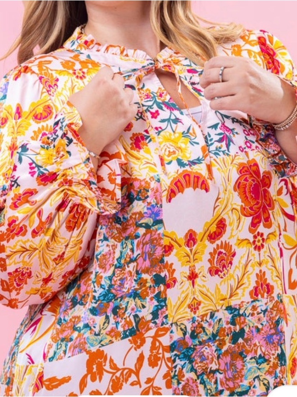 Floral Patchwork Tie-Neck Women's long sleeve Top Pink / Yellow. Medium. Jodifl - Picture 2 of 8